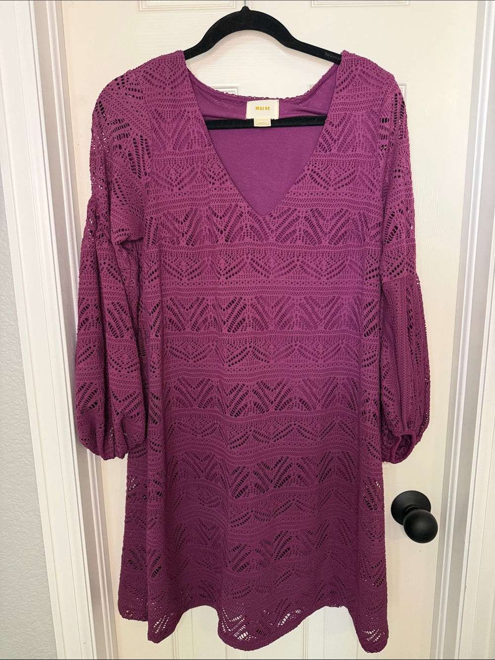 Maeve Plum Crochet V-Neck Puff Sleeve Mini Dress